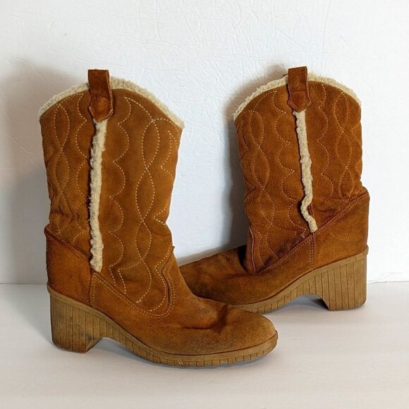 Vintage Suede Western Festival Platform Boots Shearling Lined Boho Size 8 - Picture 2 of 15